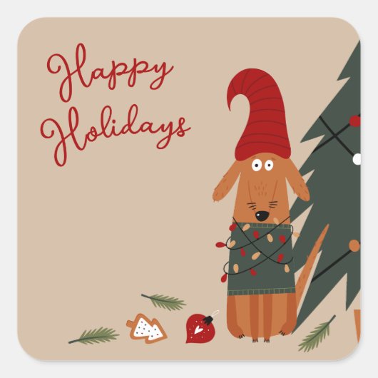 Schattige Dog & Christmas Tree Mischief Vierkante Sticker (Voorkant)