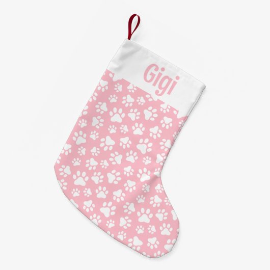 Schattige Dog Paw Pattern Wit en Pastel Roze Kleine Kerstsok (Voorkant (Hangend))