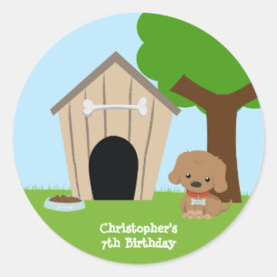 Schattige Doggie House Boy's Verjaardagsfeestje st Ronde Sticker