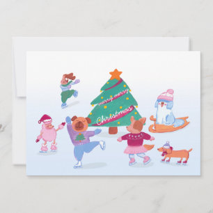 Schattige Dogs Schaatsen zacht blauw Flat Holiday  Feestdagenkaart