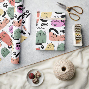 Schattige Doodlekatten En Pootafdrukken Cadeaupapier