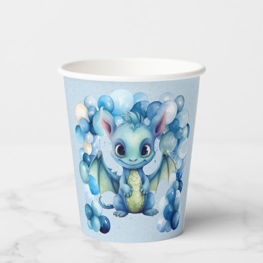 Schattige Dragon met Blue Balloons Boy Baby shower Papieren Bekers (Achterkant)