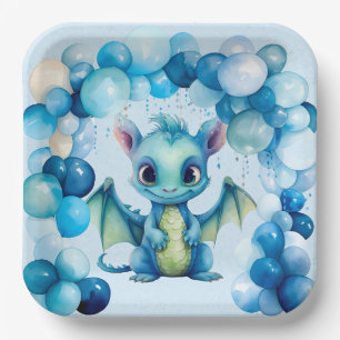 Schattige Dragon met Blue Balloons Boy Baby shower Papieren Bordje