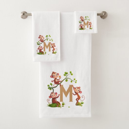 Schattige Drie Apen en Gouden Monogram op Wit Bad Handdoek (Insitu)