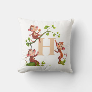 Schattige Drie Apen en Gouden Monogram op Wit Kussen