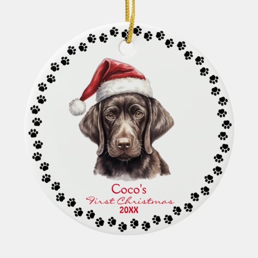 Schattige Duits Korthaar Hond Santa Hoed 1e Kerstm Keramisch Ornament (Voorkant)