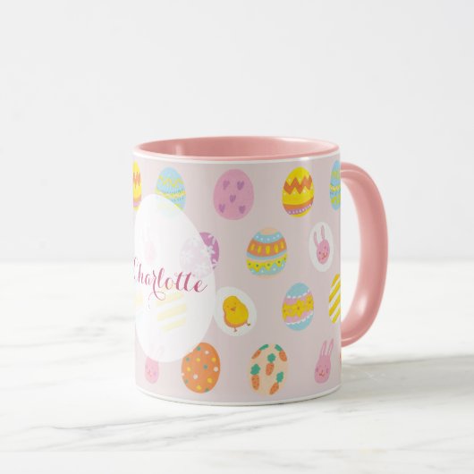 Schattige Easter Painted Egg Pattern Roze Naam Mok (Voorkant rechts)