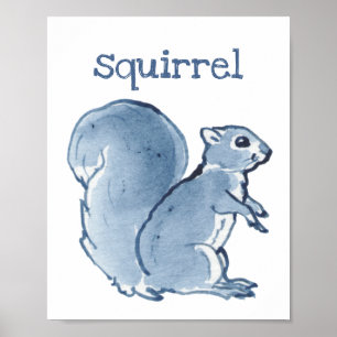 Schattige Eekhoorn Blauwe Waterverf Dier Natuur Ku Poster