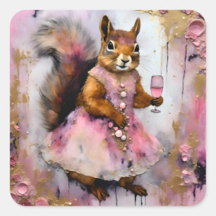 Schattige eekhoorn in een roze jurk met een Drink Vierkante Sticker