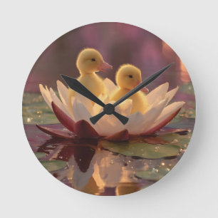 Schattige eendjes in een waterleliebloem ronde klok