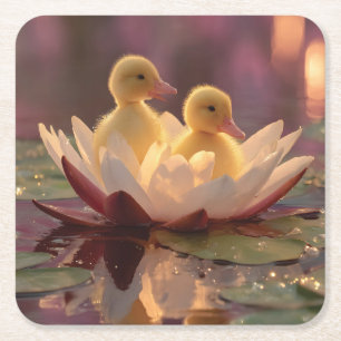 Schattige eendjes in een waterleliebloem vierkante kartonnen onderzetter