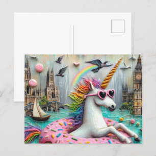 Schattige Eenhoorn drijvend op een Doughnut City R Briefkaart