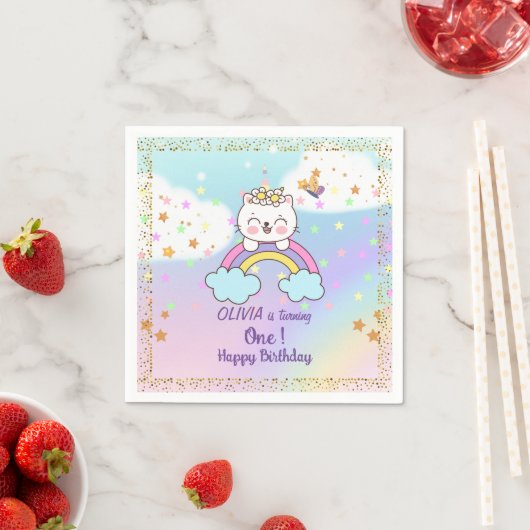 Schattige Eenhoorn Kat Op Regenboog Sterren 1e Ver Servet (Insitu)