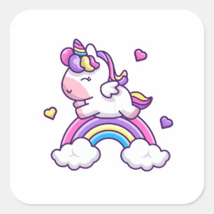 Schattige Eenhoorn Met Regenboog Cartoon Vierkante Sticker