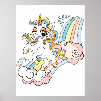Schattige eenhoorn op een regenboog poster