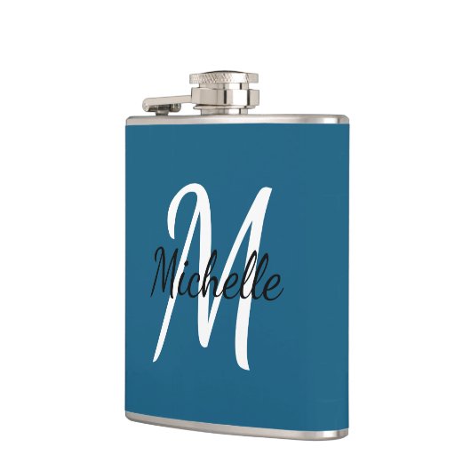 Schattige eenvoudig modern blauw monogram heupfles (Links)
