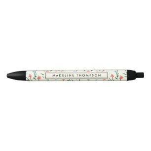 Schattige Eenvoudige Botanische Roze Blau Bloem Bl Zwarte Inkt Pen