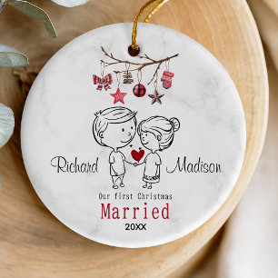 Schattige eerste kerst getrouwd cartoony paar keramisch ornament