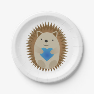 Schattige egel die een blauw hart knuffelt papieren bordje