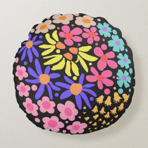 Schattige Elegant Modern Retro Flowers Zwart Rond Kussen