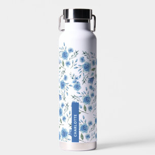 Schattige Elegant Waterverf Blauw Bloempatroon Waterfles