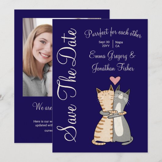 Schattige Elegante Kat Cartoon Perfecte Puns Bruil Save The Date (Voorkant / Achterkant)