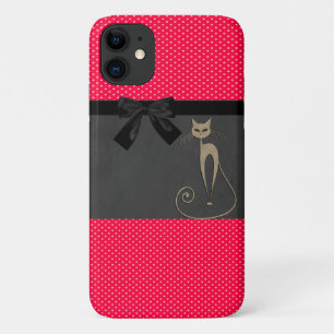 Schattige Elegante Rode Stippen Zwarte Strik Kat iPhone 11 Hoesje