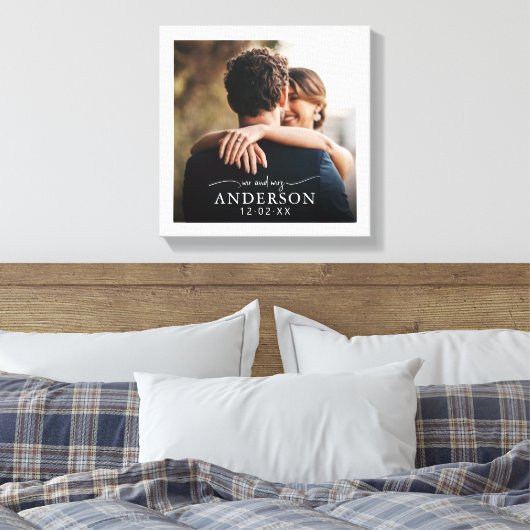 Schattige Elegante Witte Mr en Mrs Foto Bruiloft Canvas Afdruk (Insitu (Slaapkamer))