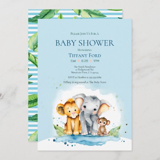 Schattige Elephant, Lion, en Monkey Oerwoud Baby s Kaart (Voorkant / Achterkant)