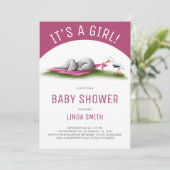 Schattige Elephant Stork Girl Baby shower Kaart (Staand voorkant)