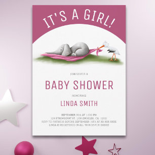 Schattige Elephant Stork Girl Baby shower Kaart