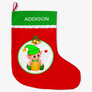 Schattige Elf & Kerstbellen op Rood Grote Kerstsok