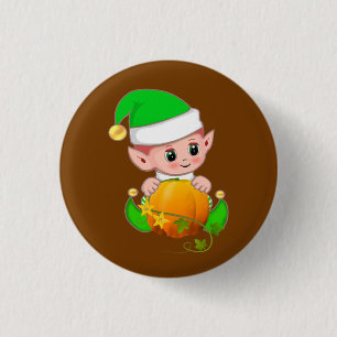 Schattige Elf met Pompoen op Bruin Ronde Button 3,2 Cm