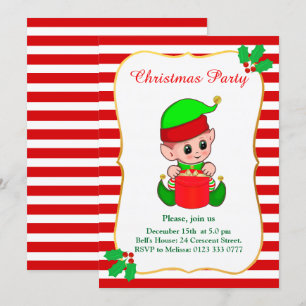 Schattige Elf & Rood Witte Kerstfeest Uitnodiging