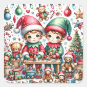 Schattige Elfen in Kerstman's Workshop Kerst Vierkante Sticker (Voorkant)