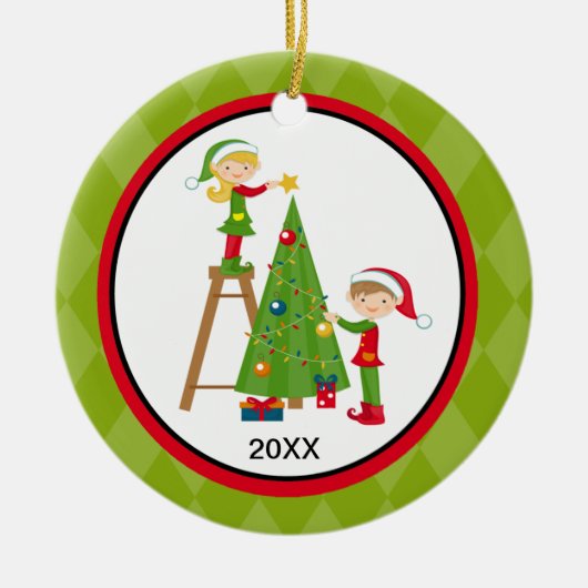 Schattige elven die kerstversiering met bomen deco keramisch ornament (Voorkant)