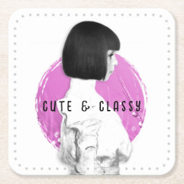 Schattige en Classy Meisje Roze en Zwart Vierkante Kartonnen Onderzetter