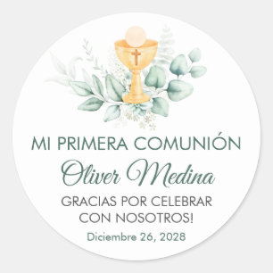 Schattige en Elegant Groen Bladeren Eerste Communi Ronde Sticker