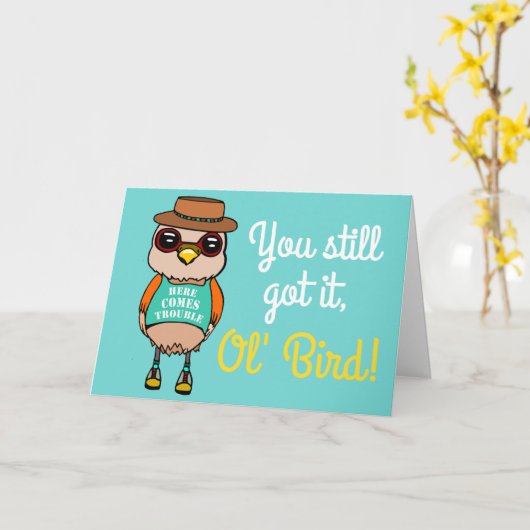 Schattige en grappige geïllustreerde vogel verjaar kaart (Gele Bloem)