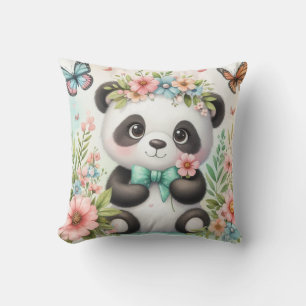 Schattige en grappige pandabeer tussen bloemen aqu kussen