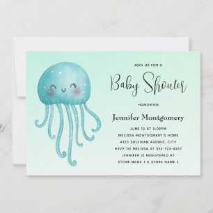 Schattige en Happy Blue-Green Jellyfish Baby showe Kaart