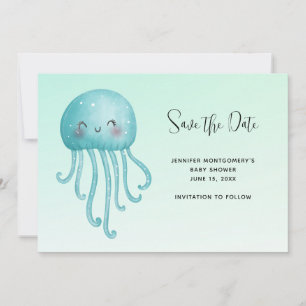 Schattige en Happy Blue-Green Jellyfish Baby showe Save The Date