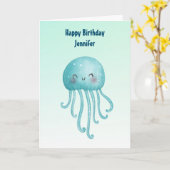 Schattige en Happy Blue-Green Jellyfish Verjaardag Kaart (Gele Bloem)