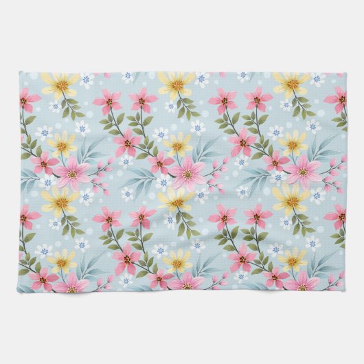 Schattige en Kleurrijk Roze Geel Wit Bloemenpatroo Theedoek (Horizontaal)