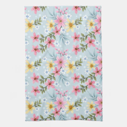 Schattige en Kleurrijk Roze Geel Wit Bloemenpatroo Theedoek (Verticaal)