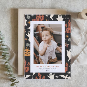 Schattige en Spooky Pattern Happy Halloween Foto Feestdagenkaart