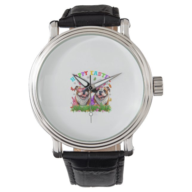 Schattige Engelse Bulldog Hond & Konijn Oren Eiere Horloge (Voorkant)