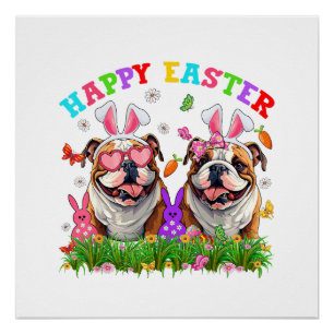 Schattige Engelse Bulldog Hond & Konijn Oren Eiere Perfect Poster