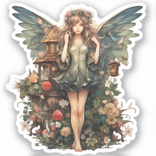 Schattige Fairy Meisje in Bloementuin Sticker (Voorkant)