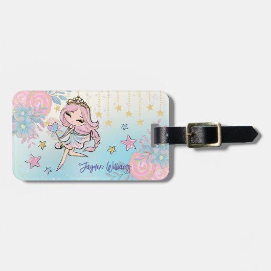 Schattige Fairy Roze Meisje Aangepaste Naam Kinder Bagagelabel (Voorkant horizontaal)